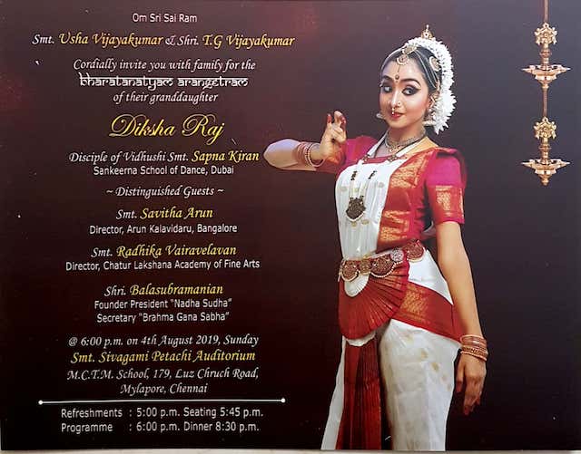 Deeksha Raj ‘s bharathanatyam Arangetrum on August 4th.